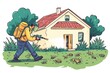 © Abdul - A pest control technician spraying around a house with a nozzle, insects fleeing the area