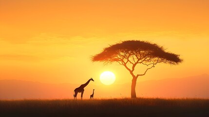 Aufkleber - Captivating panoramic view of a picturesque savannah landscape with towering giraffes silhouetted against the stunning backdrop of acacia trees at dusk creating a truly and peaceful natural scene