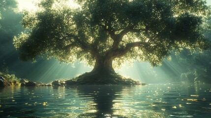 Sticker - Serene Tree by the River: A Tranquil Landscape