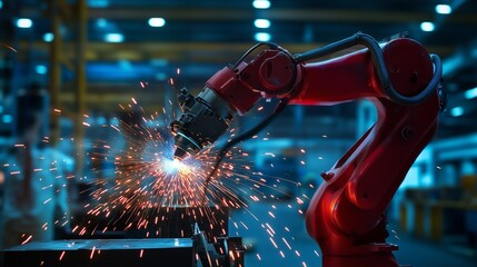 Poster - a robotic arm sparks during metal welding in a modern industrial workshop at night, showcasing advan