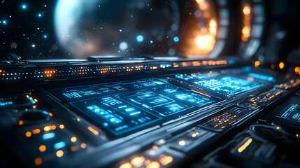 Poster - Futuristic spaceship control panel featuring illuminated screens and starry background.