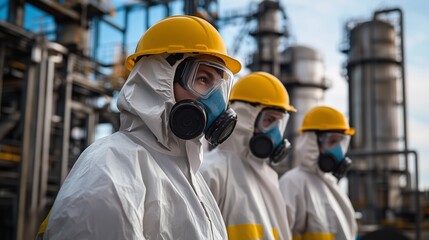 Sticker - Workers in protective gear observe industrial operations at a chemical plant during daylight