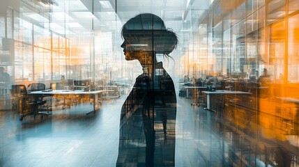 Wall Mural - Silhouette of a Woman in an Office Setting with Abstract Reflections