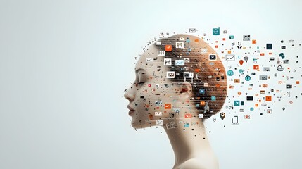 Aufkleber - Digital face being drawn out of floating icons and abstract symbols that represent various social interactions and online connections  Conceptual of the intersection of technology communication