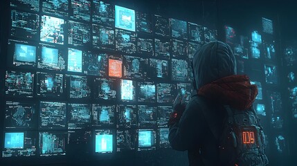 Aufkleber - Digital wall composed of stacked cubes each displaying a snippet of a post or chat creating an abstract geometric mosaic pattern