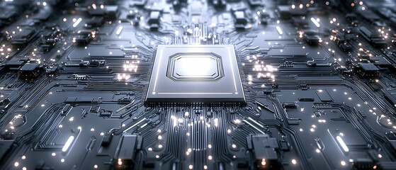 Poster - Abstract digital circuit board with a glowing central processing unit, showcasing intricate connections and modern technology.