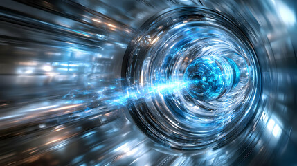 Poster - Futuristic digital tunnel with blue light abstract background, conveying speed and innovation.