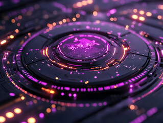 Poster - Abstract technological design with glowing purple lights on a dark background, showcasing a futuristic digital aesthetic.
