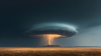 Poster - Dramatic thunderstorm with powerful lightning strikes sweeping across a vast serene desert landscape  Moody atmospheric scene depicting the raw power and beauty of nature in an isolated