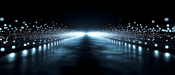 Poster - Abstract light trail with glowing particles creating a futuristic atmosphere in dark background.