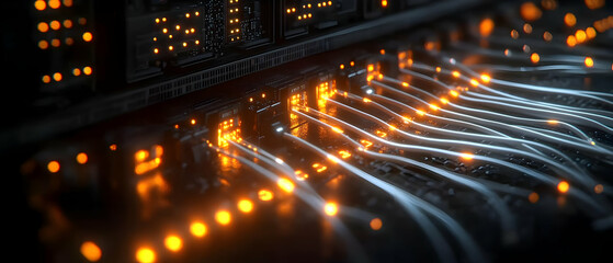 Poster - Close-up view of illuminated network cables and servers, showcasing the intricate technology behind data connectivity.