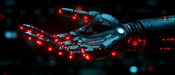 Poster - Futuristic robotic hand with glowing red lights on a dark, high-tech background.
