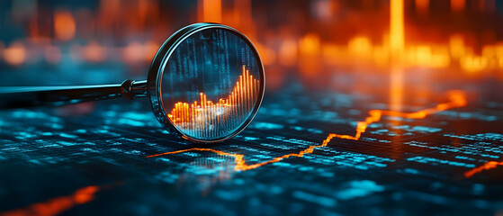 Poster - Magnifying glass over digital financial data with vibrant colors reflecting market trends.