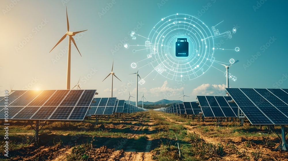 Expansive field of solar panels harnessing the sun s rays to power a ...