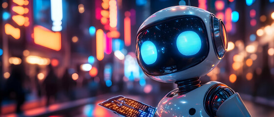 Poster - Futuristic robot with glowing eyes, interacting in a vibrant urban landscape filled with neon lights.