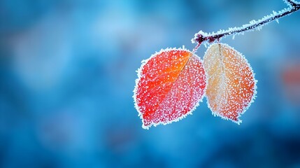 Poster - Exquisite Frost Kissed Leaves Captured in Tranquil Winter Stillness   A close up view of delicate crystalline leaves coated in a delicate layer of frost on a cold winter morning