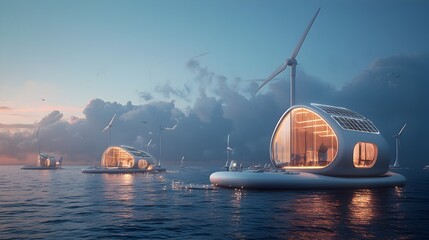 Fototapete - Floating island powered entirely by solar and wind energy with futuristic eco friendly buildings glowing brightly from renewable sources in a sustainable modern cityscape of the future