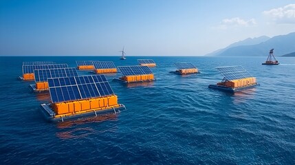 Poster - Floating solar panels gently glowing and rolling across the vast ocean waves symbolizing the of solar and hydro power to create clean renewable energy and address climate change