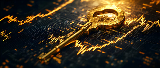 Poster - A golden key resting on a digital interface, symbolizing security and access to information.