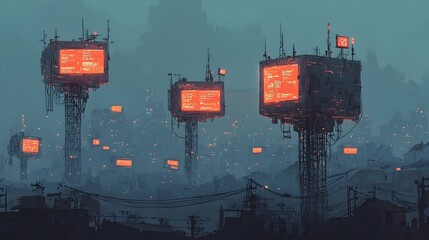 Poster - Futuristic abstract cityscape with glowing text bubbles and notifications lighting up the night sky like digital windows  A modern minimalist and stylized urban landscape visualization concept