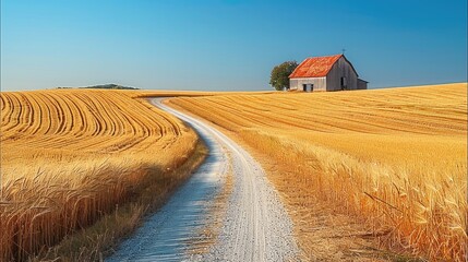 A narrow country road winding through a field of golden wheat, with an old barn in the background and a clear, bright blue sky.