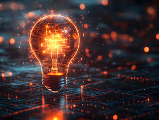 Poster - A glowing light bulb with digital sparks, symbolizing innovation and technology on a dark digital background.