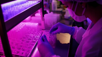 Fototapete - A researcher carefully organizes and analyzes various samples in a laboratory illuminated by purple lighting during the evening. The setting highlights focus and precision in scientific work.
