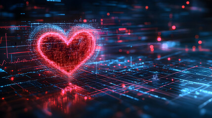 Aufkleber - A glowing digital heart symbol in red, set against a futuristic blue background, representing love and connectivity.