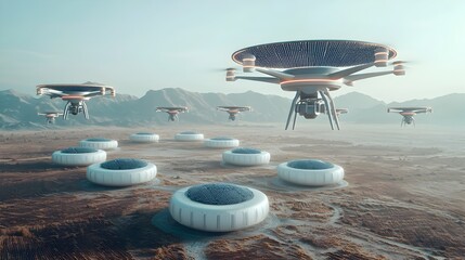 Poster - Futuristic landscape showcasing flying drones harvesting solar energy from the sky and beaming it to ground based batteries representing sustainable and clean energy technology for the future