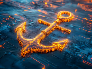 Poster - Glowing digital anchor symbol on a tech-inspired background, representing stability and connectivity in the digital age.