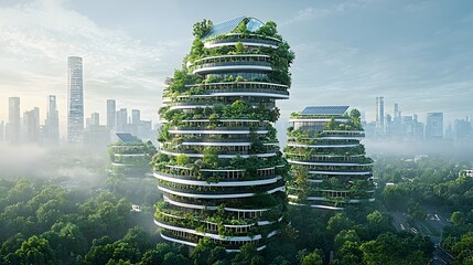 Poster - Futuristic urban cityscape featuring skyscrapers with green rooftops covered in solar panels
