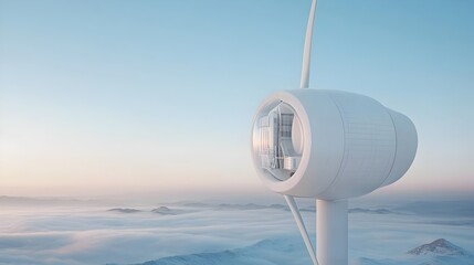 Poster - Futuristic skyscraper design that seamlessly integrates a massive wind turbine into the building s structure