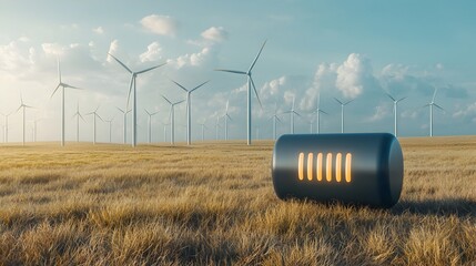 Aufkleber - Glowing battery icon hovering above an open field of wind turbines representing the endless potential of clean renewable energy and a sustainable future
