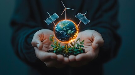 Aufkleber - Glowing blue and green Earth sphere cradled in human hands with wind turbines and solar panels orbiting around it