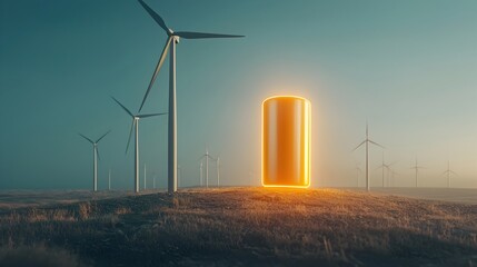 Aufkleber - Glowing battery icon hovering over an open field of wind turbines symbolizing the endless and renewable clean energy capabilities of modern technology