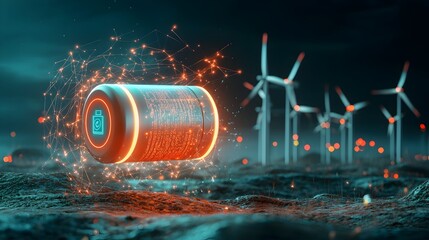 Aufkleber - Glowing battery icon hovering over an open field of wind turbines symbolizing the endless of clean renewable energy from sustainable sources
