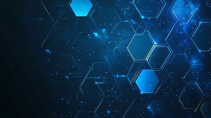 Poster - Abstract blue hexagon pattern background with glowing lines and digital dots on a dark blue backdrop.