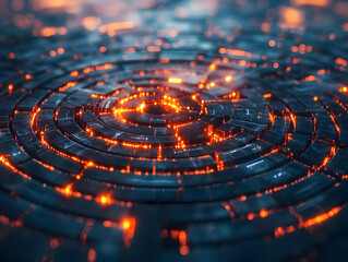 Poster - Abstract representation of glowing circular patterns, illuminated in dark tones, creating a sense of depth and movement.