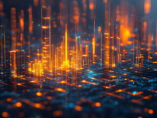 Poster - Abstract digital landscape with glowing orange and blue elements, representing advanced technology and innovation.