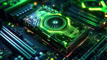 Poster - circuit board, graphics card, technology, green glowing lights, close up view, futuristic design, digital components, electronic devices, tech background