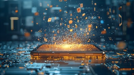 Fototapete - Glowing smartphone screen with messages and likes appearing as light particles floating in the air and conveying the concept of digital communication and social media engagement in a futuristic