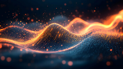 Poster - Abstract representation of flowing waves with glowing particles in vibrant colors on a dark background.