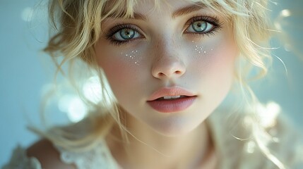 Wall Mural - Close-Up Portrait of a Beautiful Blonde Woman with Blue Eyes