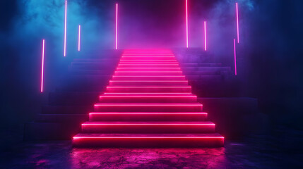 Poster - Neon lit staircase emerging from dark mist, creating a vibrant and surreal ambiance.