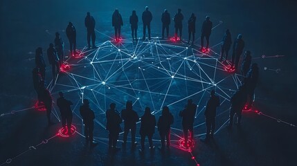Fototapete - Group of People Standing in a Circle Connected by Glowing Lines Representing Digital Interactions and Communication in the Modern Technology driven World