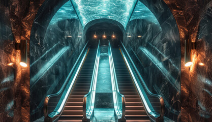 Poster - An escalator in the middle of an underground passage, the walls made from dark brown marble with light blue glazing and vertical texture foil wallpaper, a long stairway to water surface at far end.