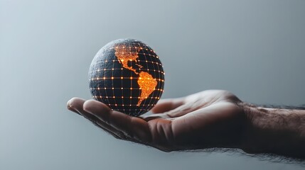 Poster - Hand holding a small scale model of the Earth with a glowing solar panel grid wrapping around it representing innovative solutions for global clean energy and sustainable development