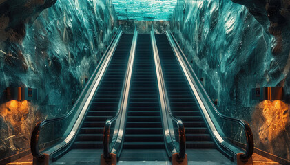 Aufkleber - An escalator in the middle of an underground passage, the walls made from dark brown marble with light blue glazing and vertical texture foil wallpaper, a long stairway to water surface at far end.
