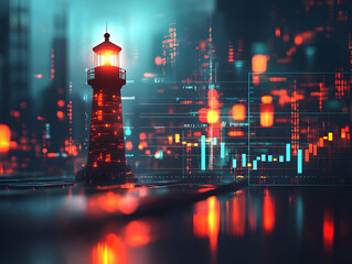 Poster - A vibrant lighthouse surrounded by digital data streams, illuminating the night.
