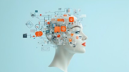 Fototapete - Illustrative Representation of a Human Face Emerging from a Composition of Floating Abstract Icons and Symbols Symbolizing Digital Social Interactions and Connectivity